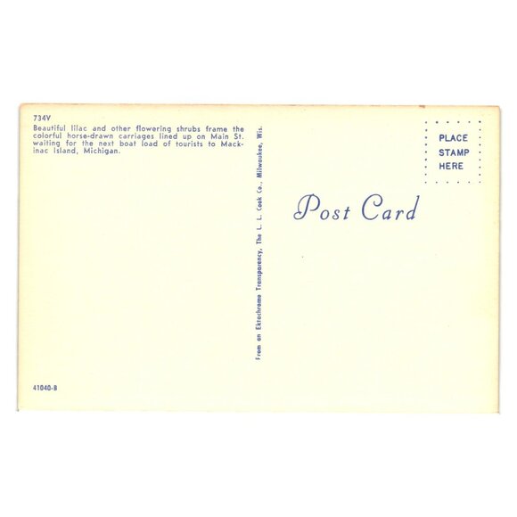 Mackinac Island Main Street Scene Horse Drawn Carriages Vintage Postcard Unused - Picture 2 of 2